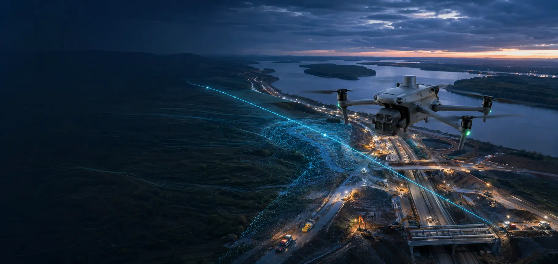 Professional drone above a motorway construction site near the River Danube
